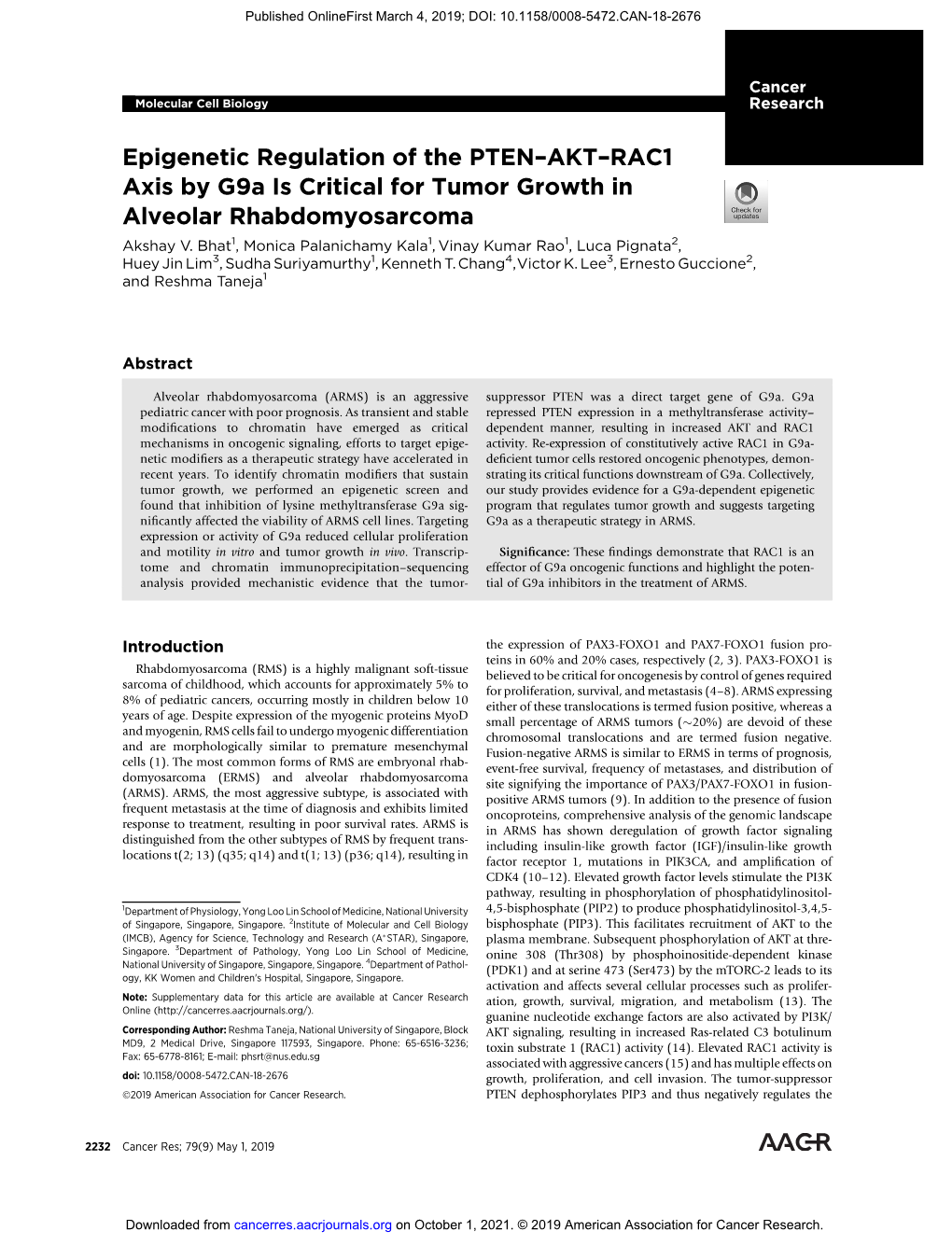 Epigenetic Regulation of the PTEN–AKT–RAC1 Axis by G9a Is Critical for Tumor Growth in Alveolar Rhabdomyosarcoma Akshay V