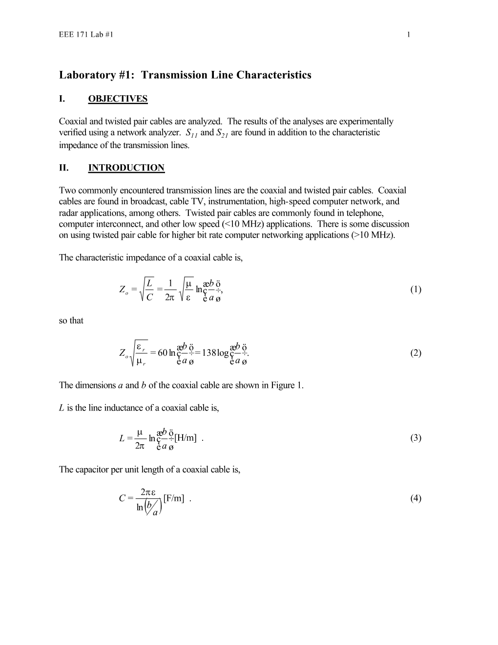 Laboratory #1: Transmission Line Characteristics