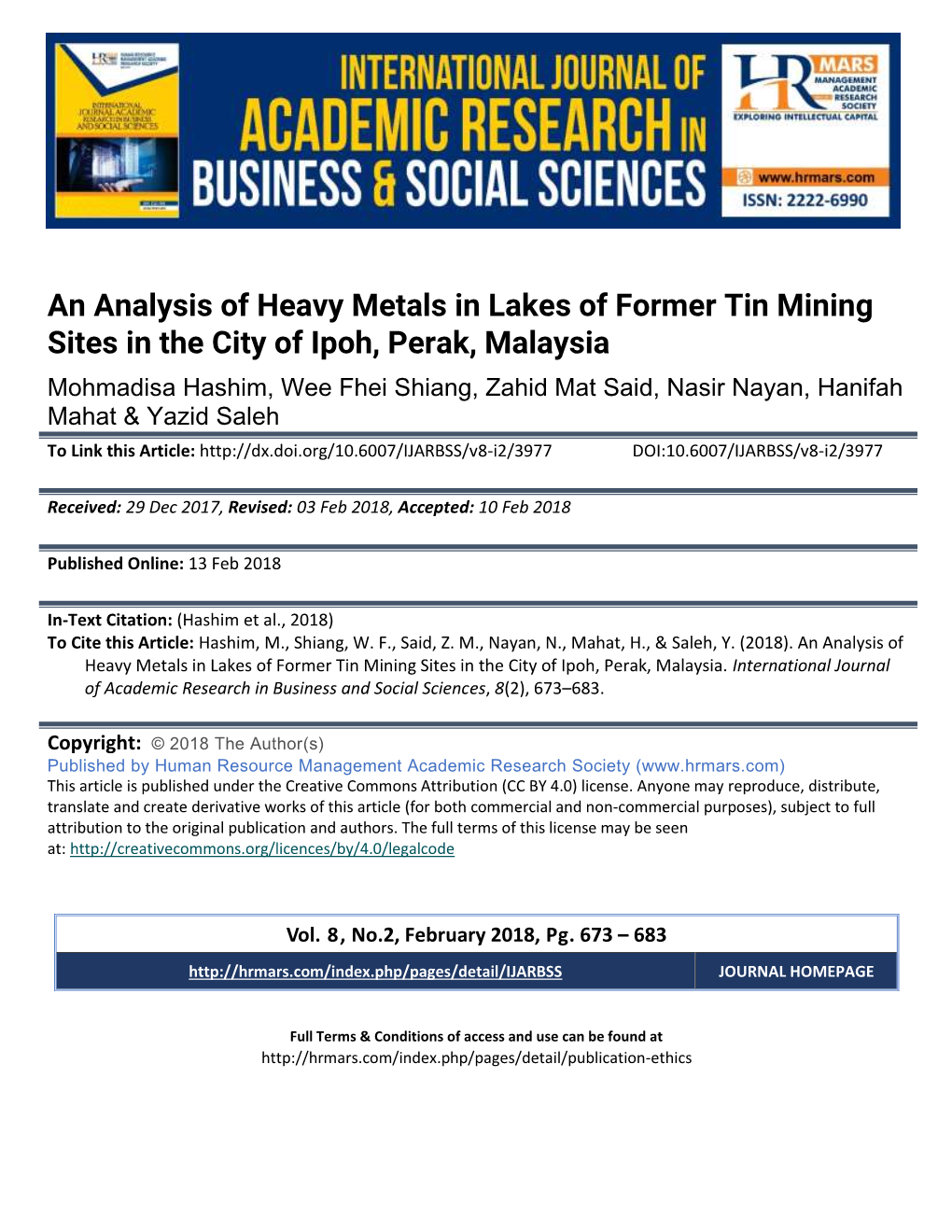 An Analysis of Heavy Metals in Lakes of Former Tin Mining Sites in the City of Ipoh, Perak, Malaysia
