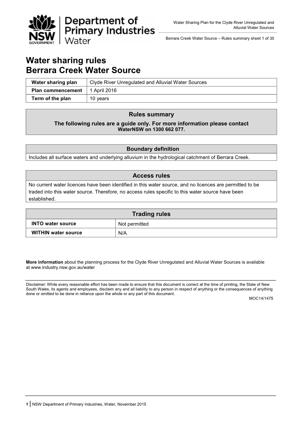 Water Sharing Plan for the Clyde River Unregulated and Alluvial Water Sources