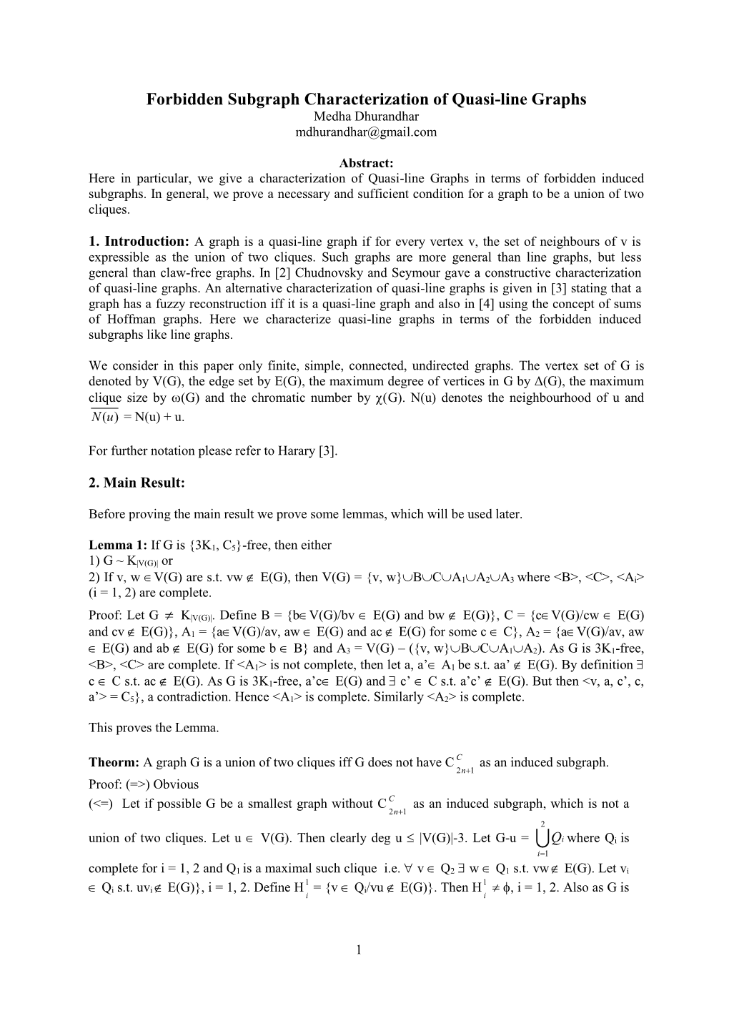 Forbidden Subgraph Characterization of Quasi-Line Graphs Medha Dhurandhar Mdhurandhar@Gmail.Com