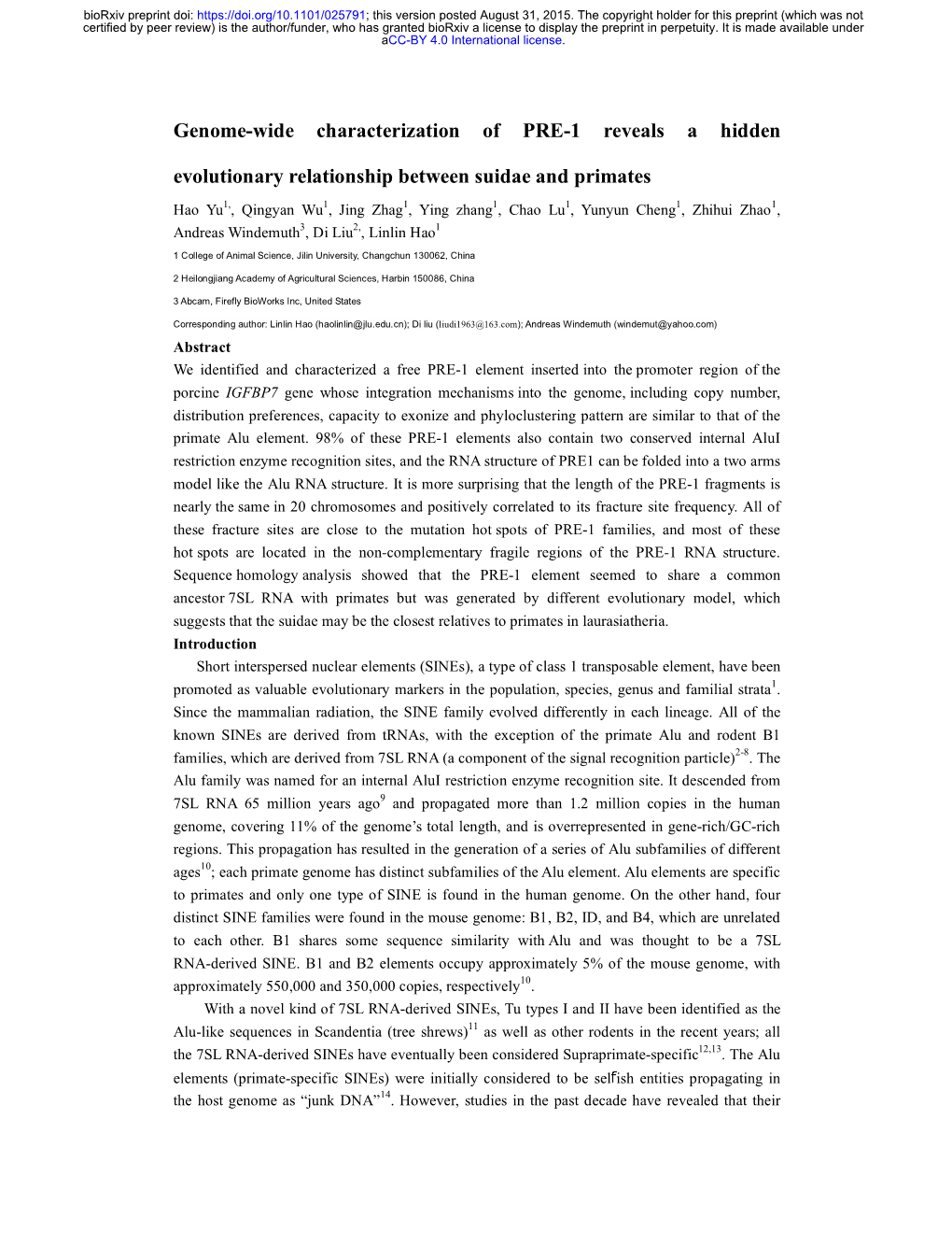 Genome-Wide Characterization of PRE-1 Reveals a Hidden Evolutionary Relationship Between Suidae and Primates