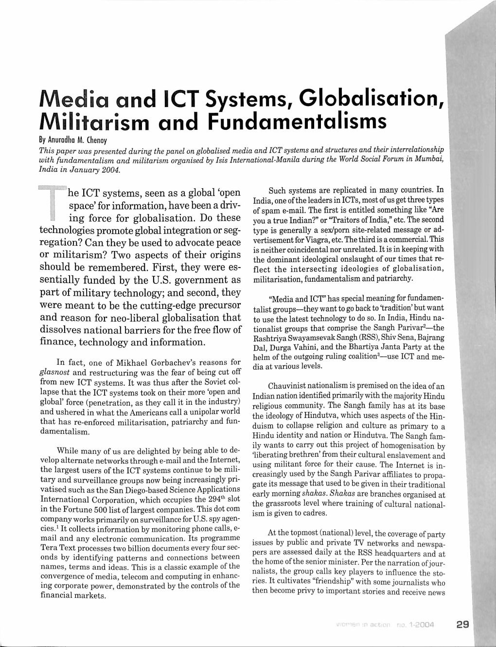 Media and ICT Systems, Globalisation, Militarism and Fundamentalisms by Anuradha M