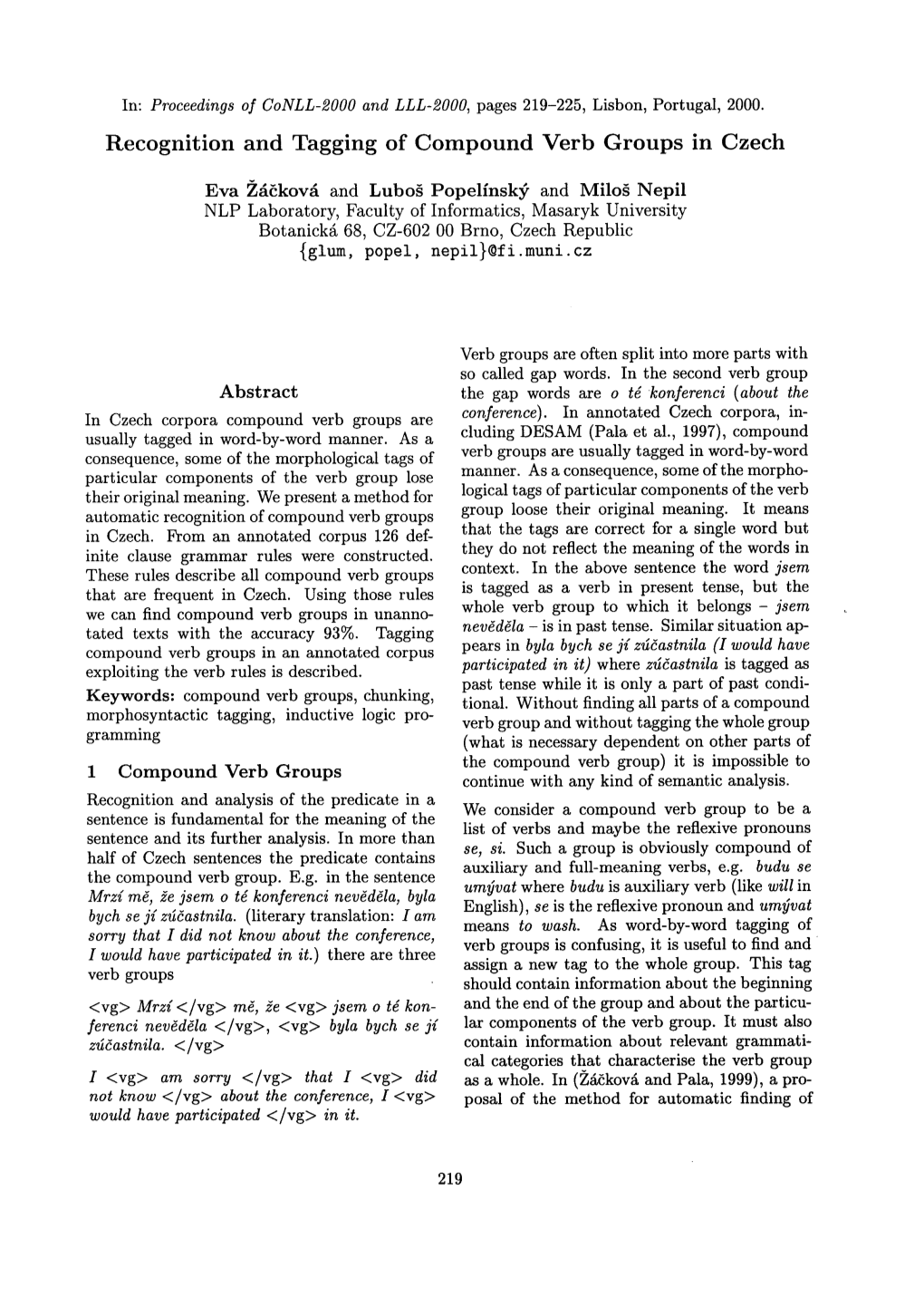 Recognition and Tagging of Compound Verb Groups in Czech