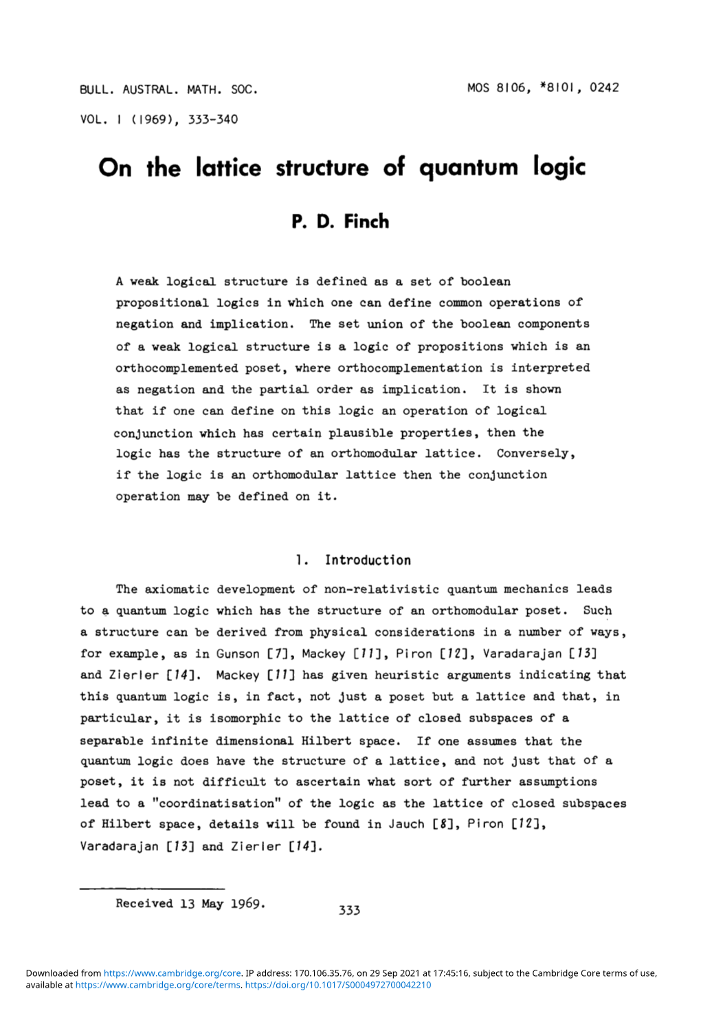 On the Lattice Structure of Quantum Logic