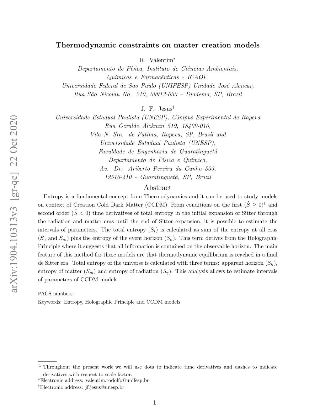 Arxiv:1904.10313V3 [Gr-Qc] 22 Oct 2020 PACS Numbers: Keywords: Entropy, Holographic Principle and CCDM Models