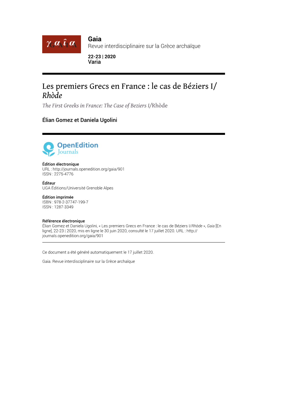 Les Premiers Grecs En France : Le Cas De Béziers I/ Rhòde the First Greeks in France: the Case of Beziers I/Rhòde