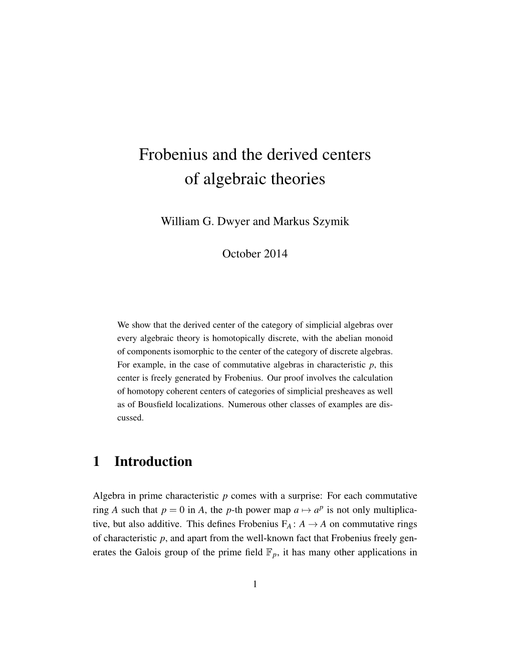 Frobenius and the Derived Centers of Algebraic Theories