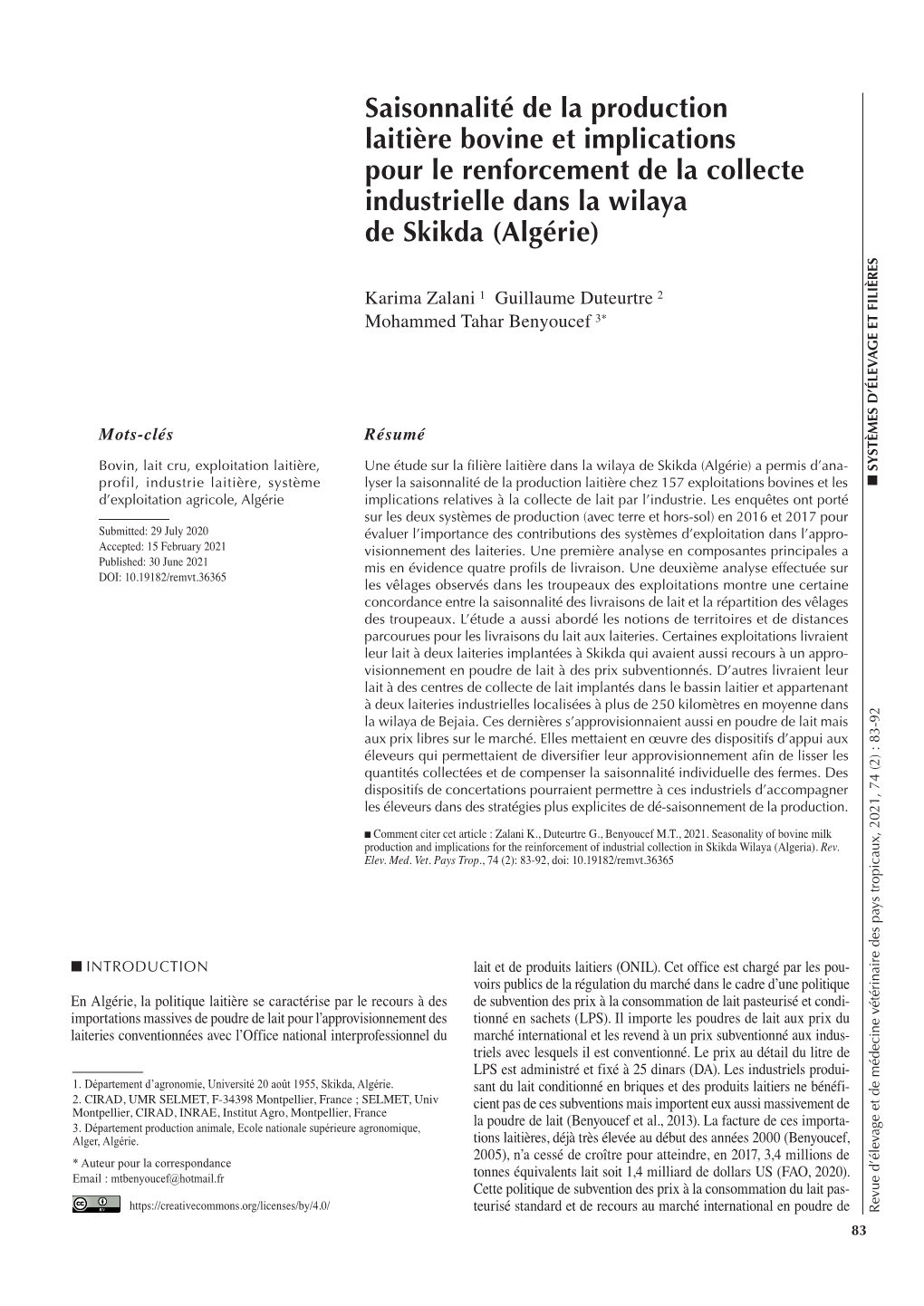 Saisonnalité De La Production Laitière Bovine Et Implications Pour Le Renforcement De La Collecte Industrielle Dans La Wilaya De Skikda (Algérie)