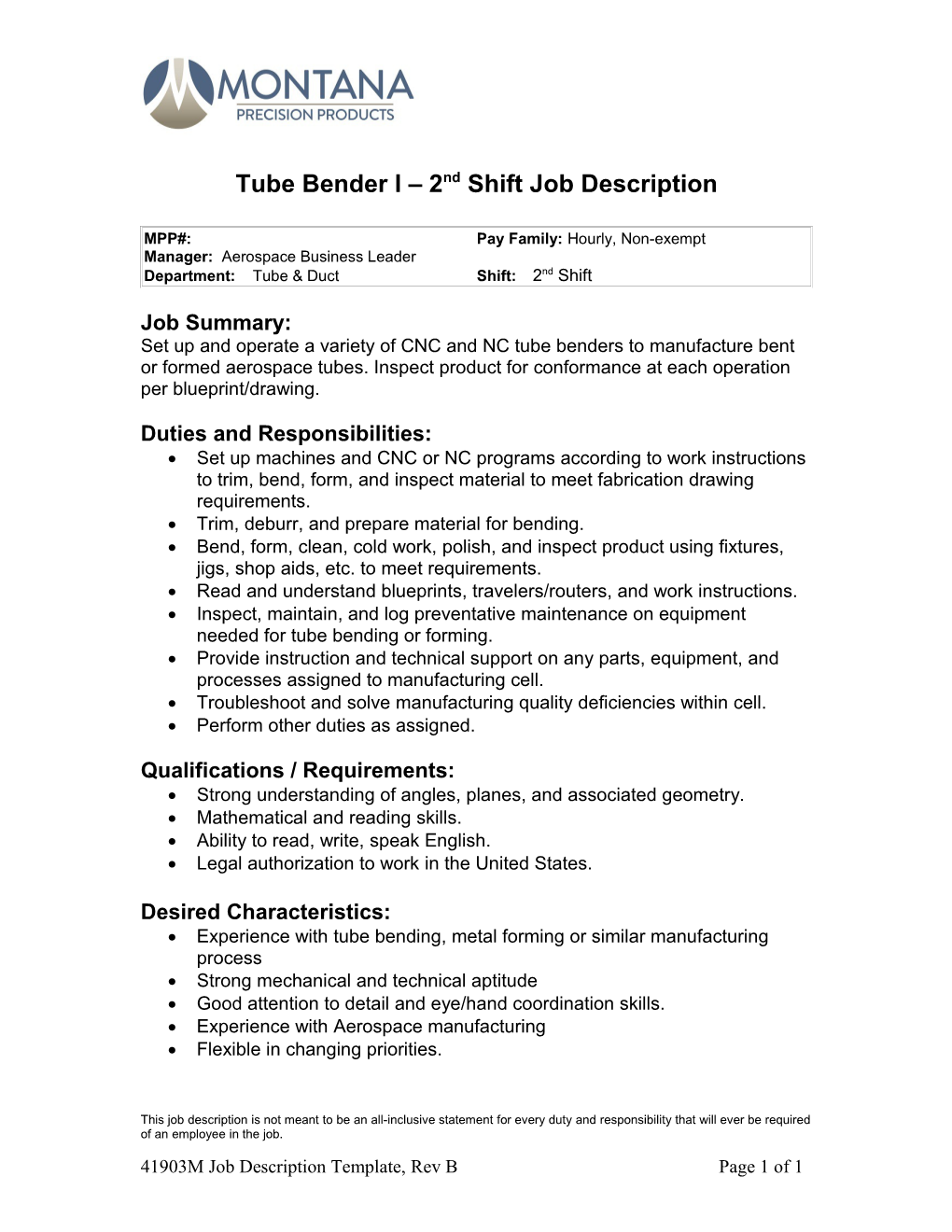 Tube Bender I 2Nd Shift Job Description