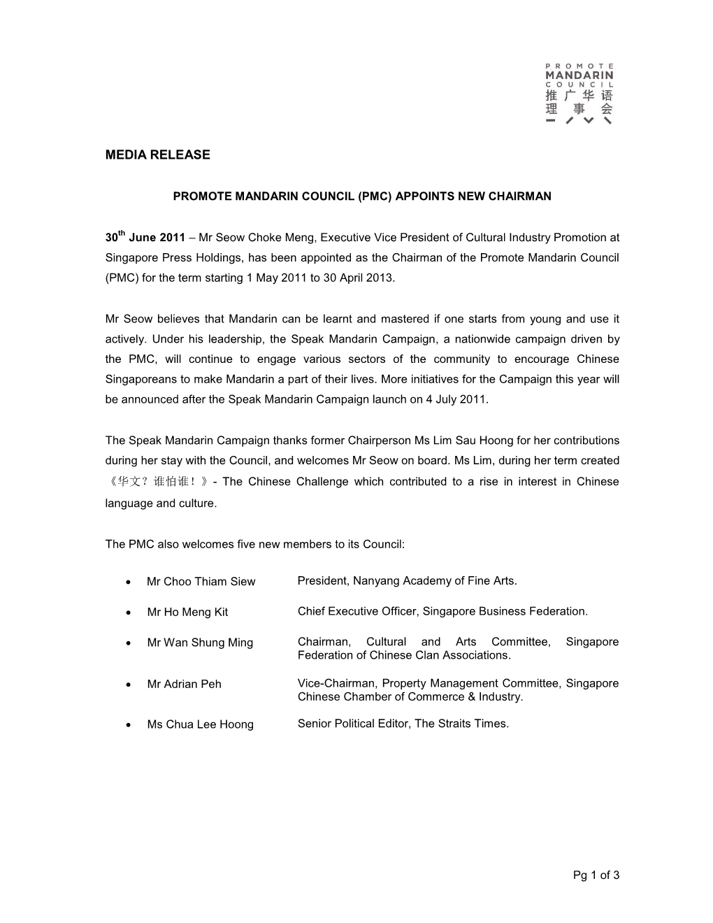 Press Release-Change in Chairperson and Appointment