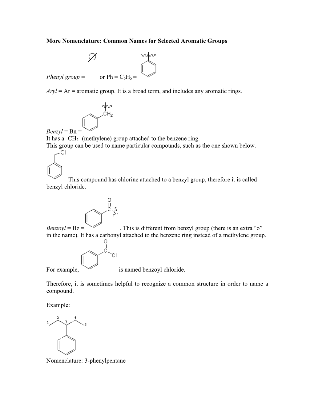 Common Names for Selected Aromatic Groups