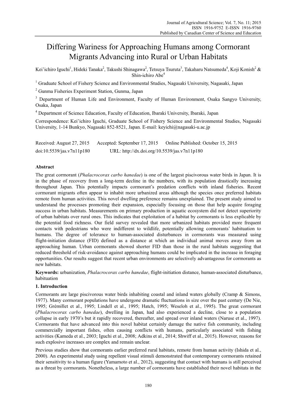 Differing Wariness for Approaching Humans Among Cormorant Migrants Advancing Into Rural Or Urban Habitats