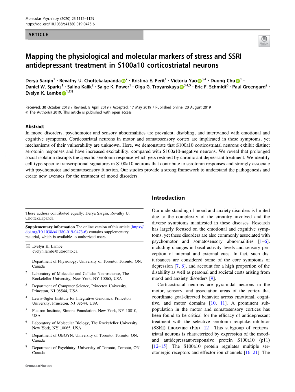 Mapping the Physiological and Molecular Markers of Stress and SSRI Antidepressant Treatment in S100a10 Corticostriatal Neurons