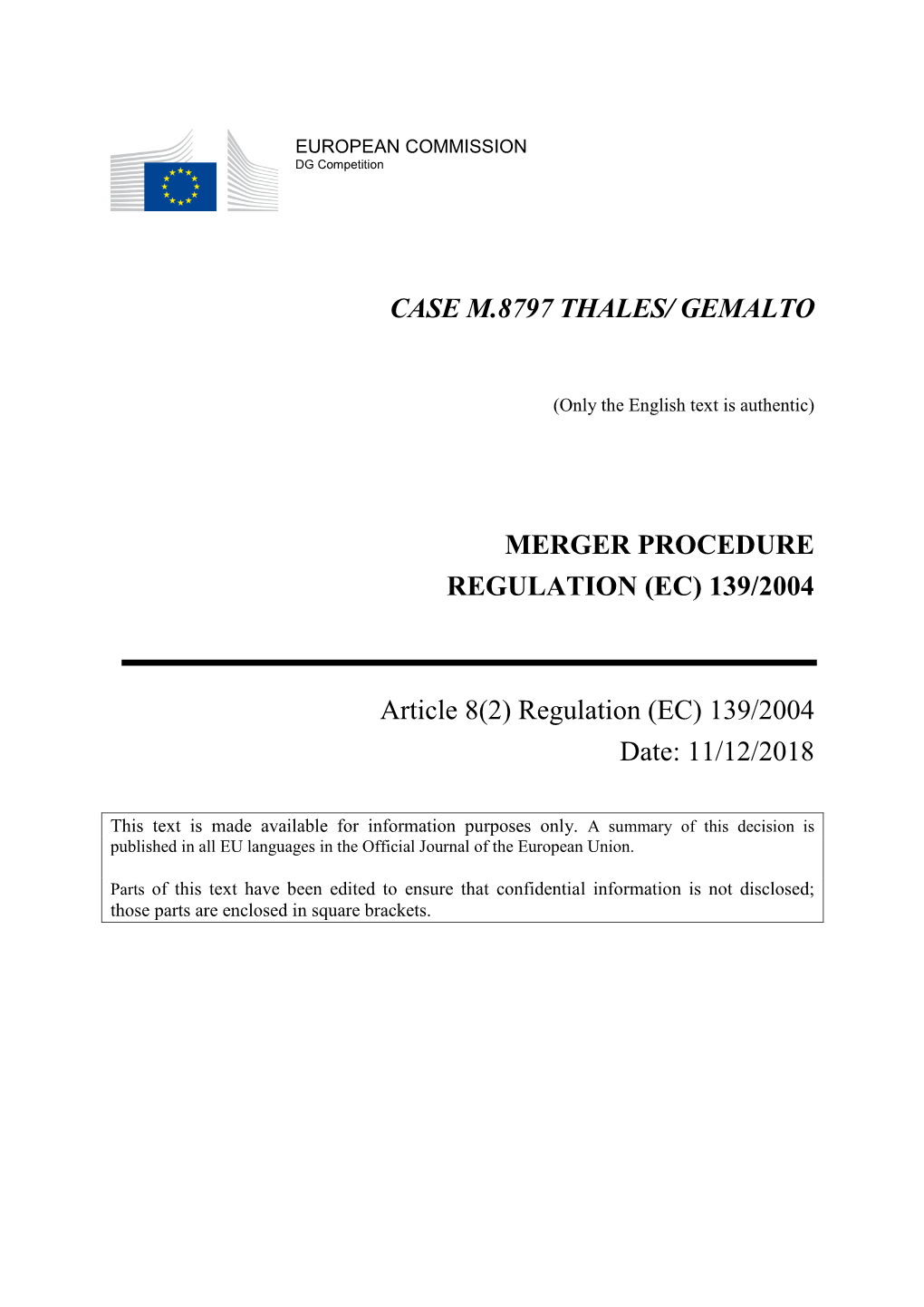 Case M.8797 Thales/ Gemalto Merger Procedure