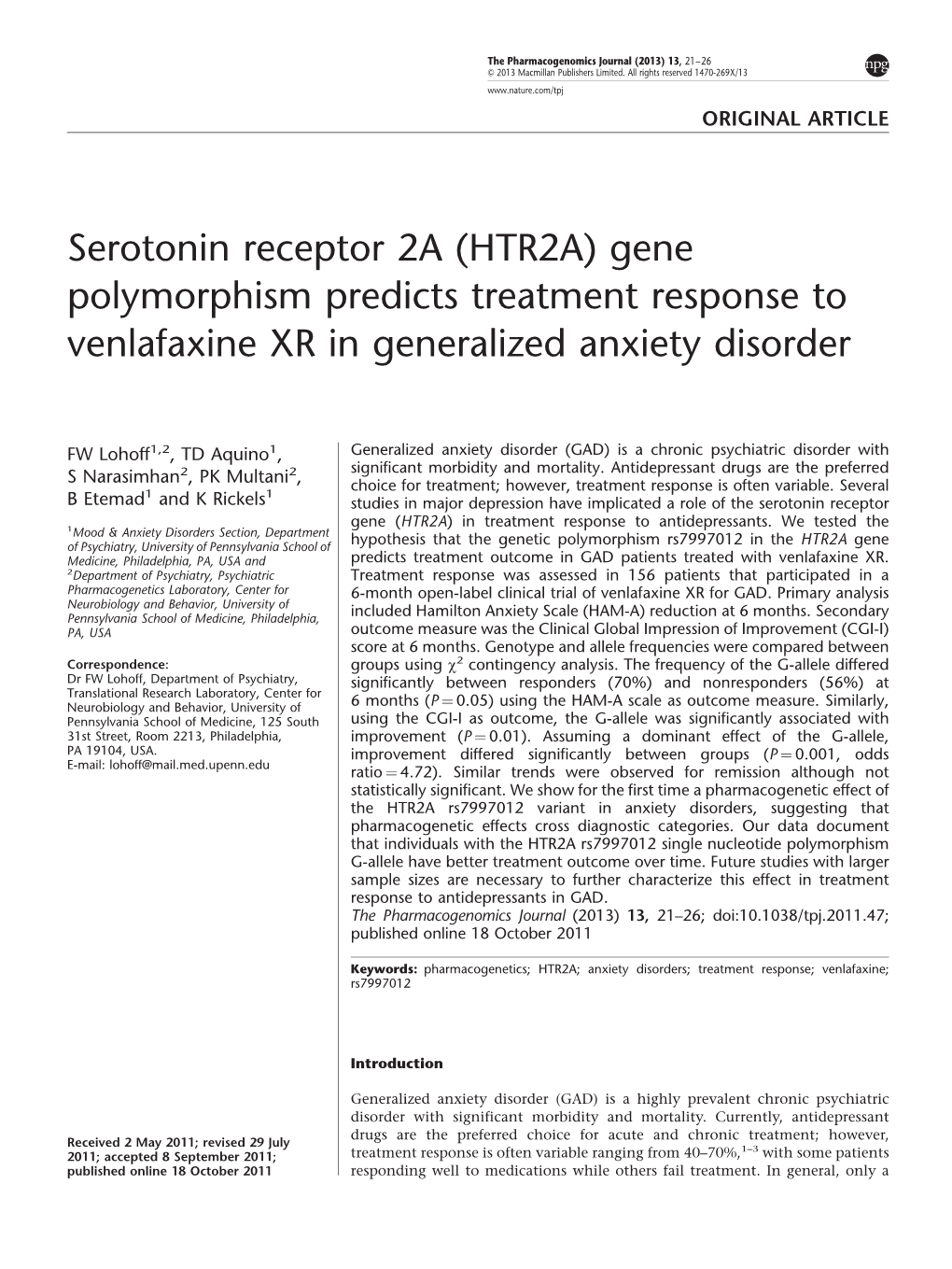 Serotonin Receptor 2A (HTR2A) Gene Polymorphism Predicts Treatment Response to Venlafaxine XR in Generalized Anxiety Disorder