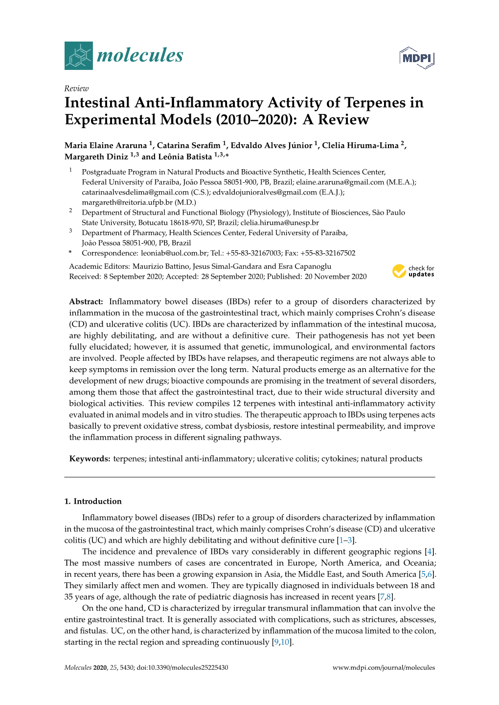 Intestinal Anti-Inflammatory Activity of Terpenes in Experimental Models