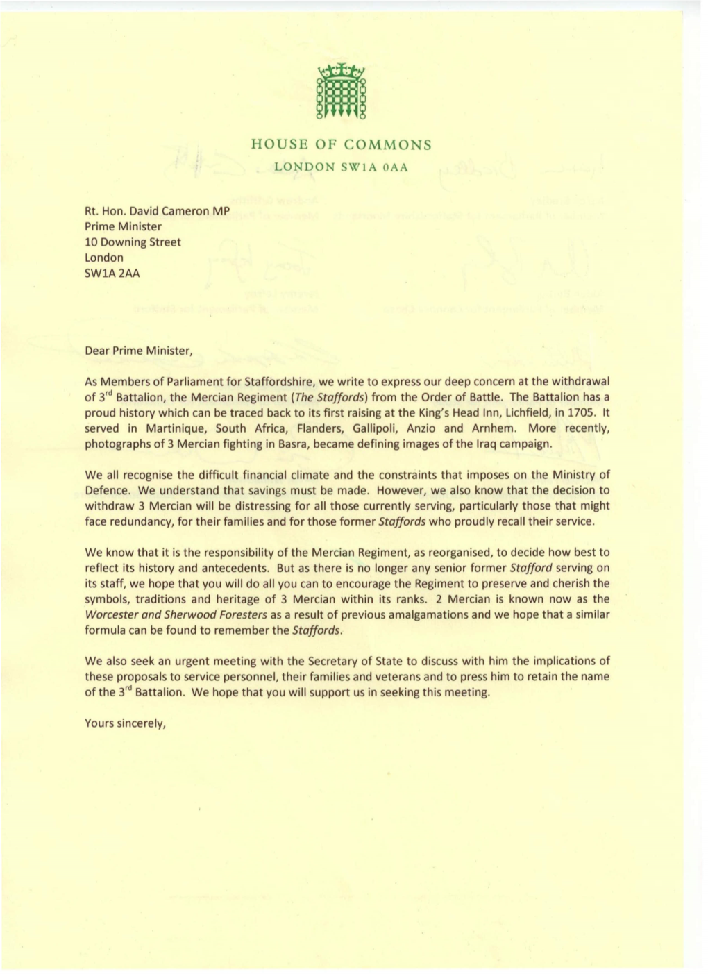 Draft Letter to the Prime Minister