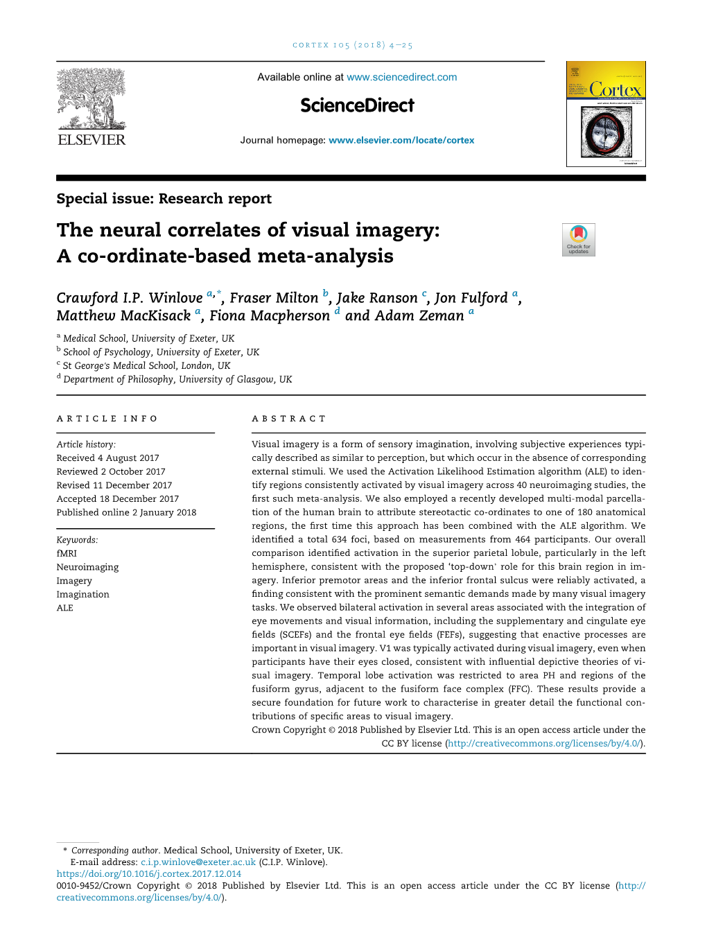 The Neural Correlates of Visual Imagery: a Co-Ordinate-Based Meta-Analysis