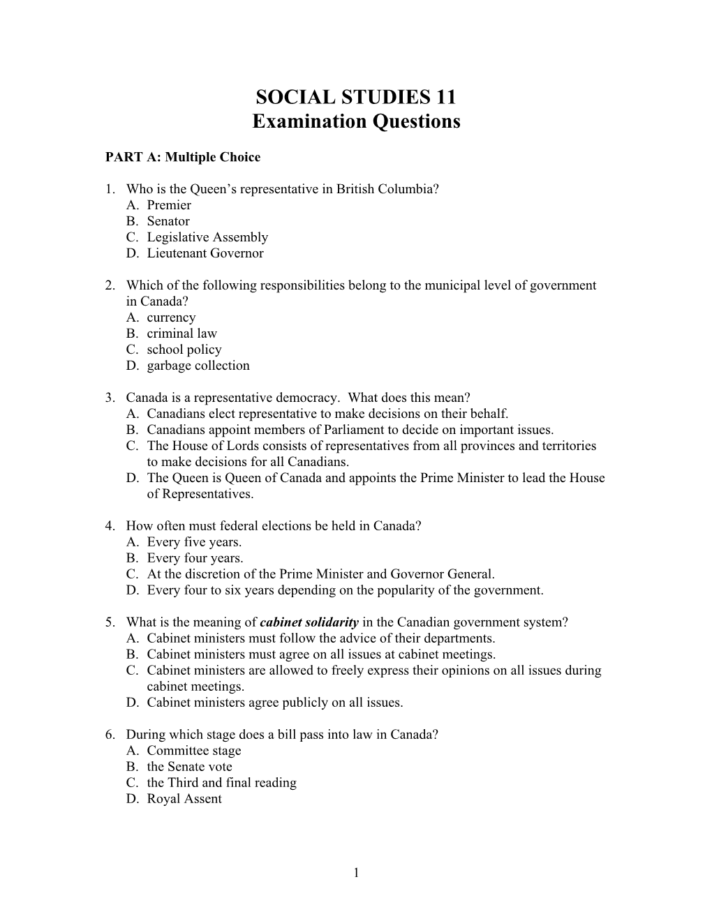 SOCIAL STUDIES 11 Examination Questions