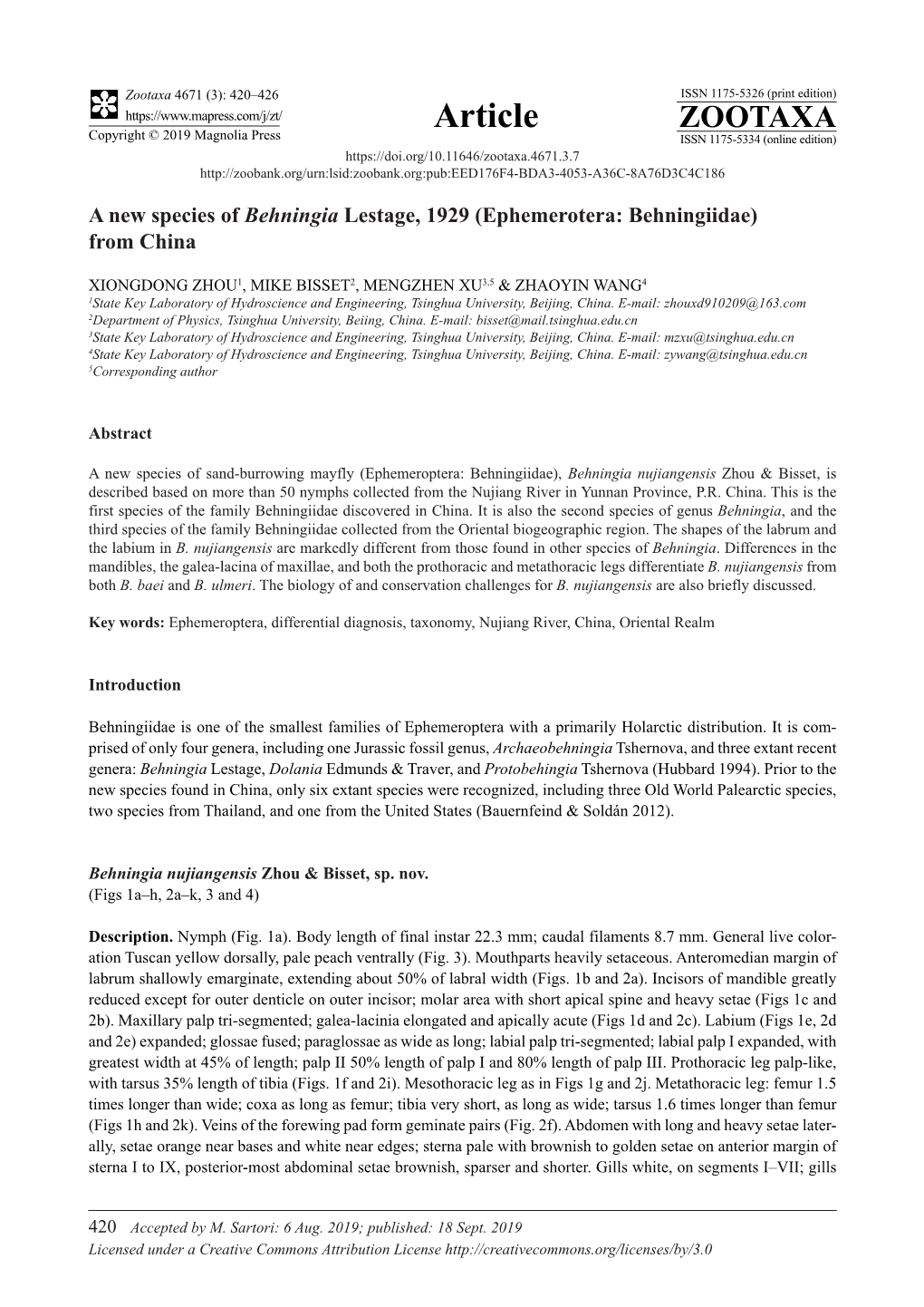 A New Species of Behningia Lestage, 1929 (Ephemerotera: Behningiidae) from China