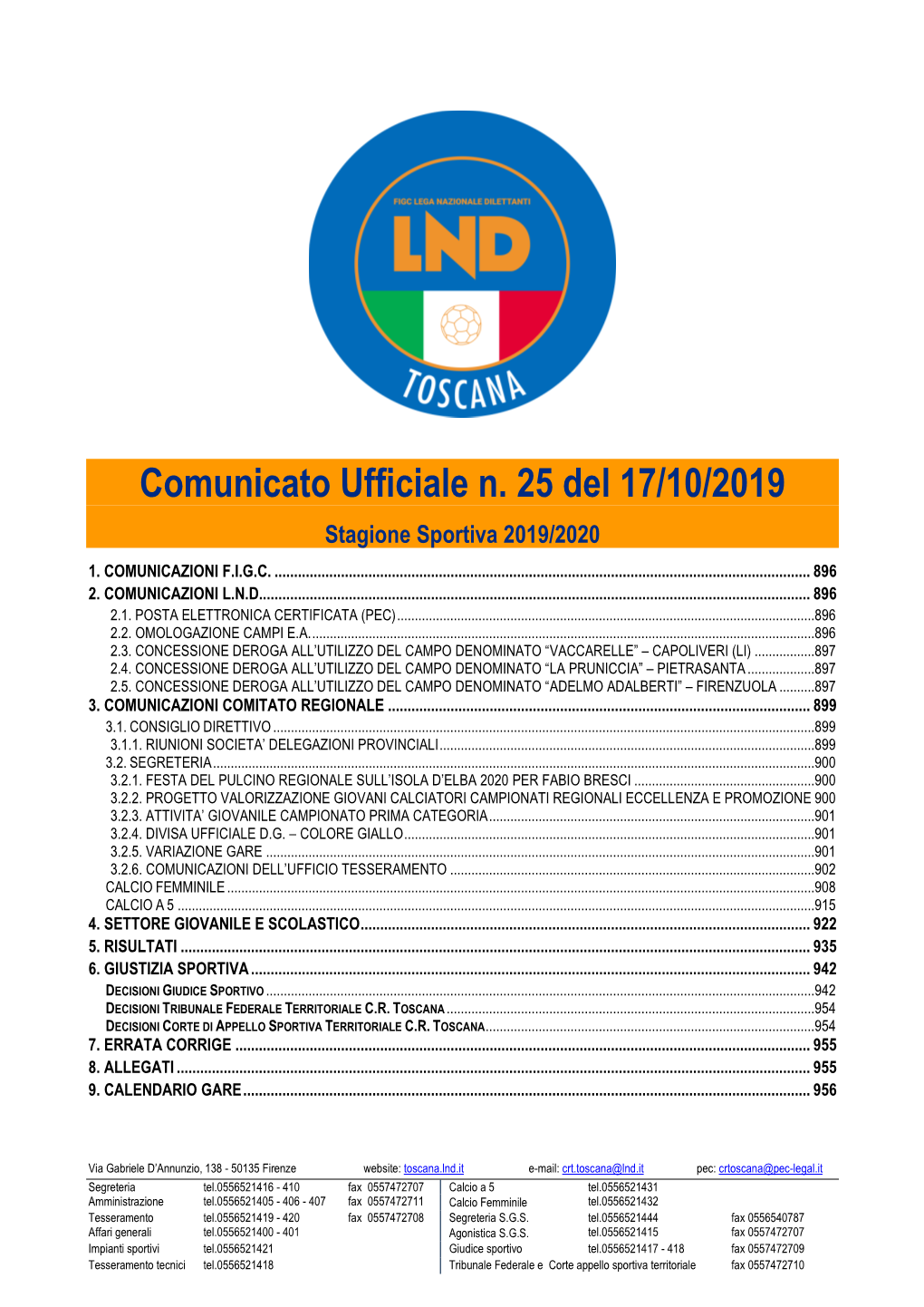 Comunicato Ufficiale N. 25 Del 17/10/2019