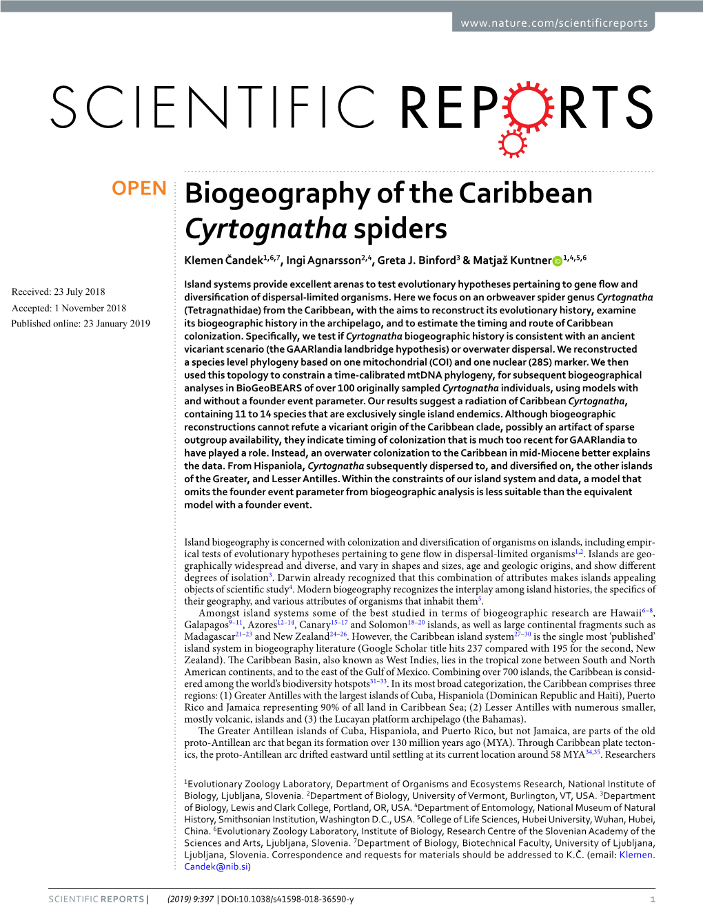 Biogeography of the Caribbean Cyrtognatha Spiders Klemen Čandek1,6,7, Ingi Agnarsson2,4, Greta J