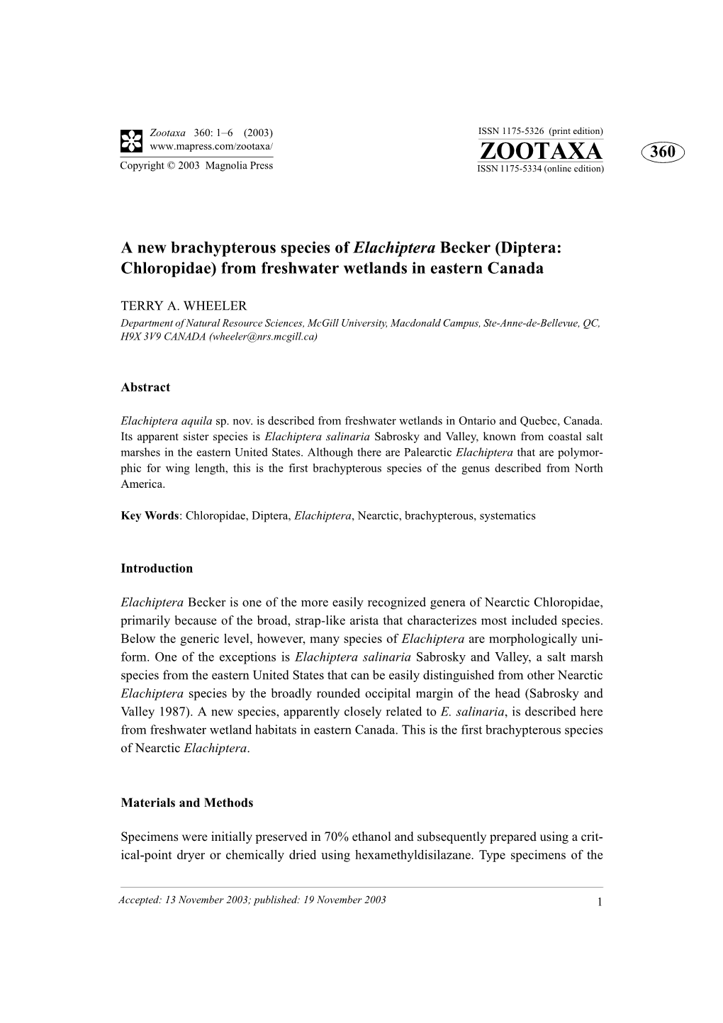 A New Brachypterous Species of Elachiptera Becker (Diptera: Chloropidae) from Freshwater Wetlands in Eastern Canada