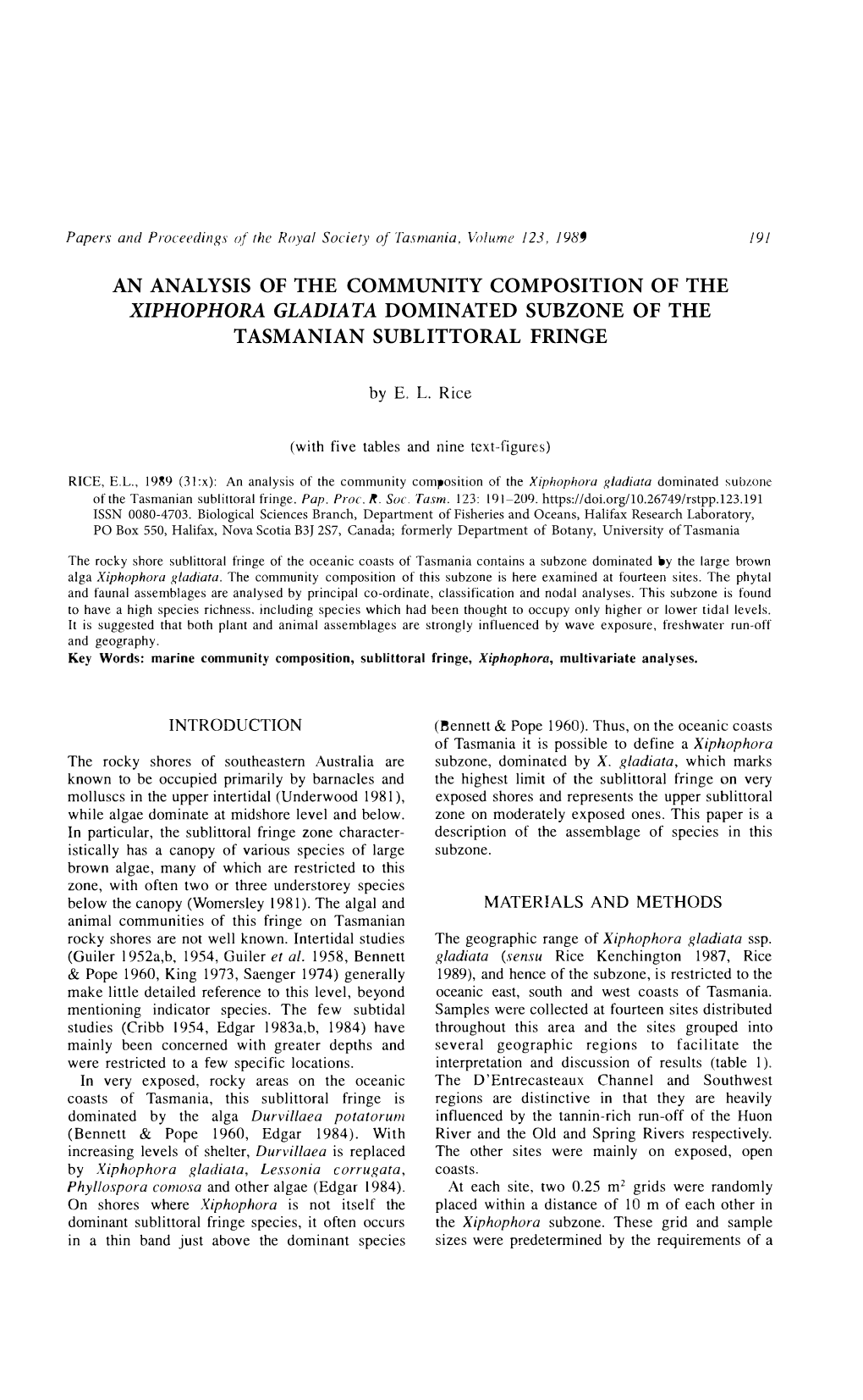 An Analysis of the Community Composition of the Xiphophora Gladiata Dominated Subzone of the Tasmanian Sublittoral Fringe