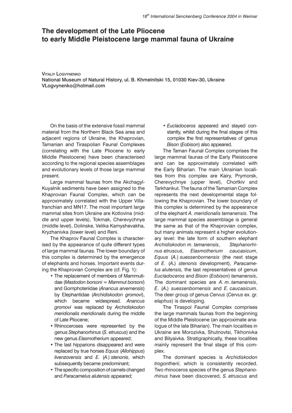 The Development of the Late Pliocene to Early Middle Pleistocene Large Mammal Fauna of Ukraine