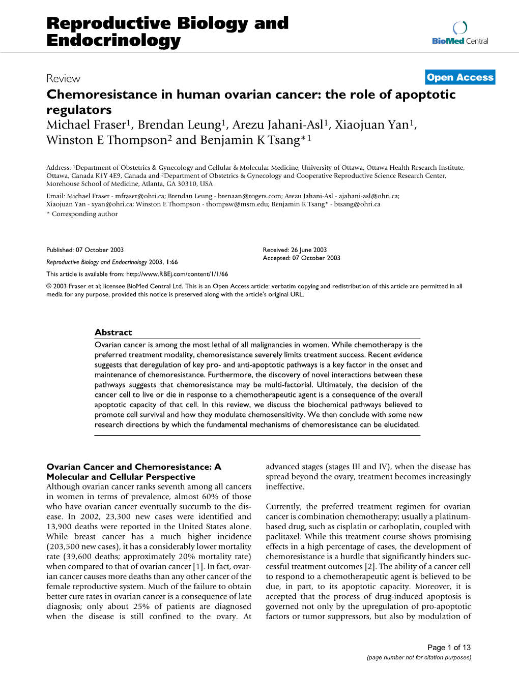 Chemoresistance in Human Ovarian Cancer: the Role of Apoptotic