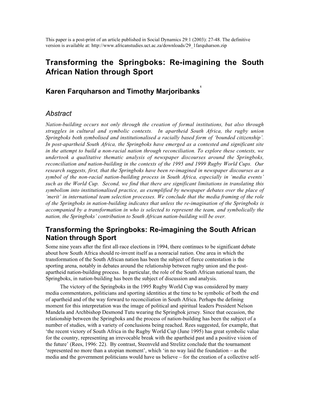 Transforming the Springboks: Re-Imagining the South African Nation Through Sport