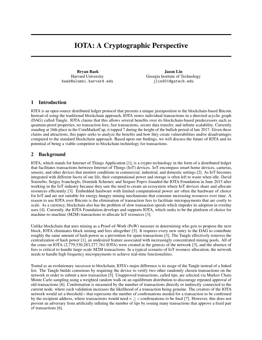 IOTA: a Cryptographic Perspective