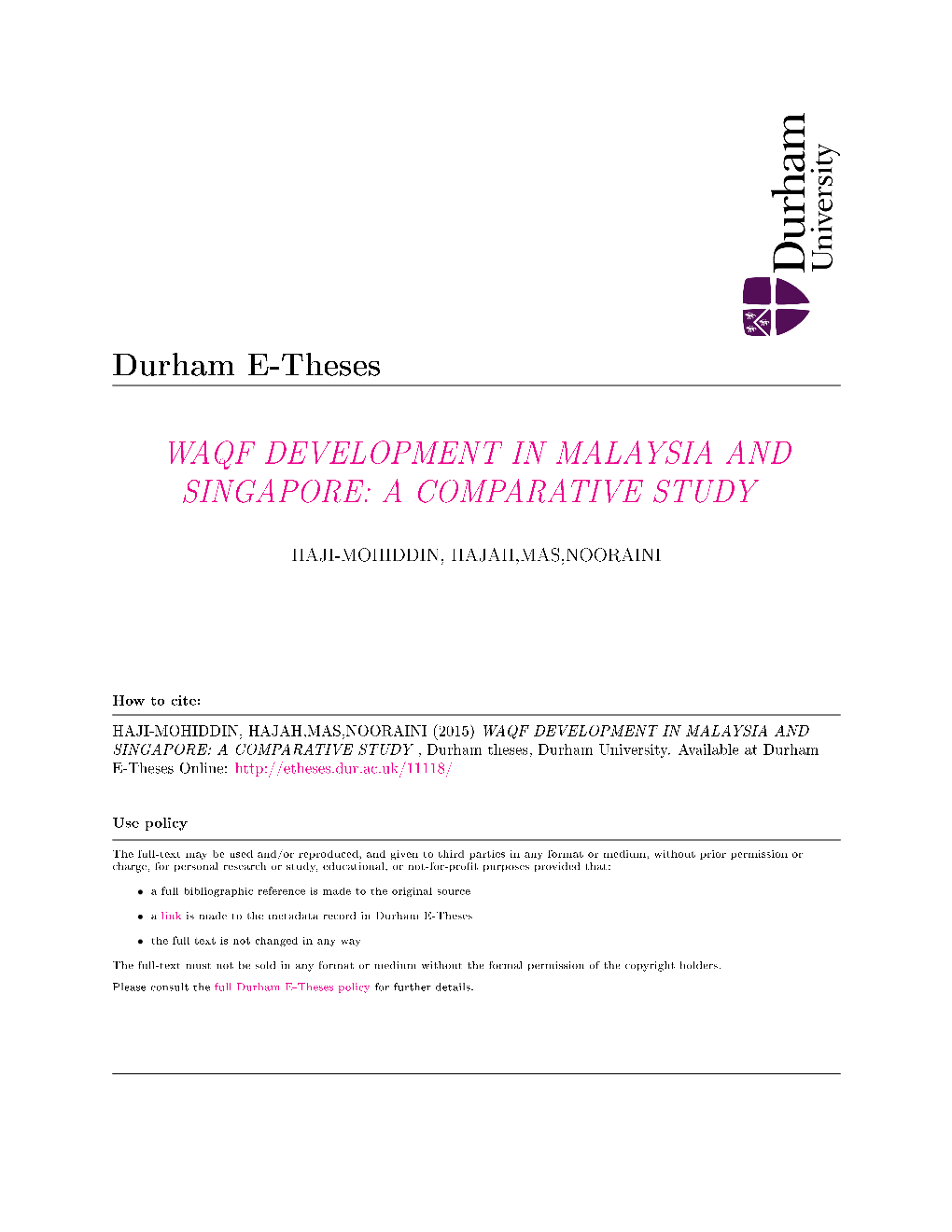 Waqf Development in Malaysia and Singapore: a Comparative Study