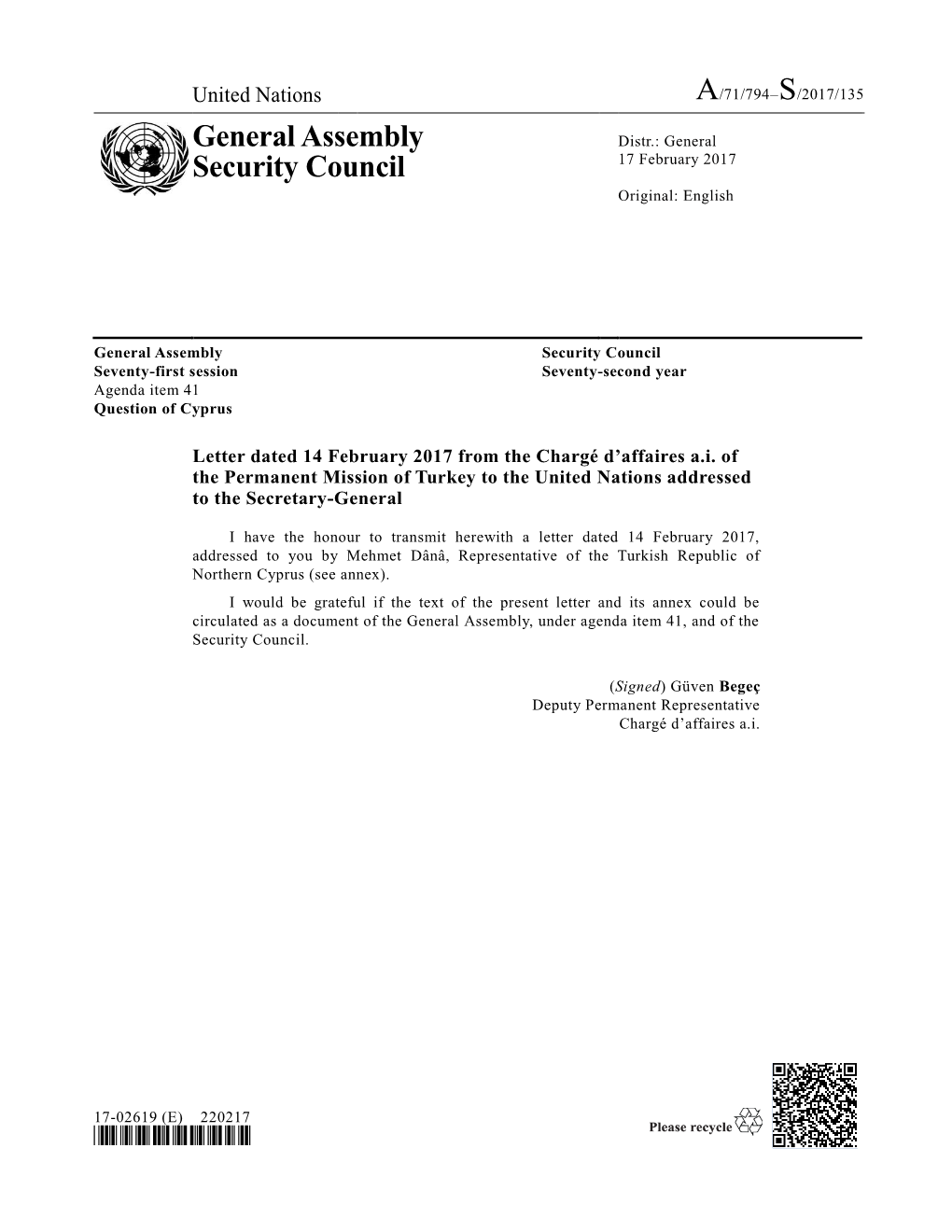 General Assembly Security Council Seventy-First Session Seventy-Second Year Agenda Item 41 Question of Cyprus