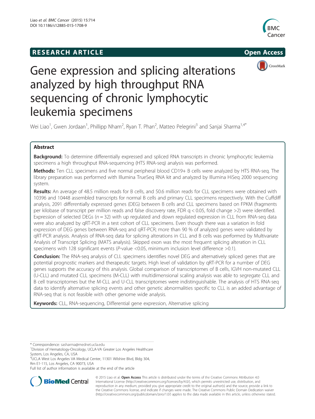 Gene Expression and Splicing Alterations Analyzed by High Throughput RNA Sequencing of Chronic Lymphocytic Leukemia Specimens