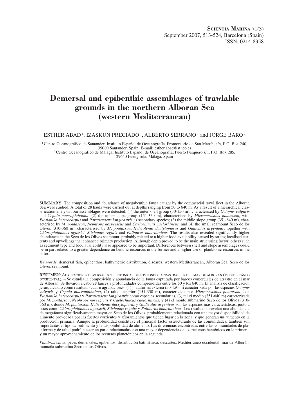 Demersal and Epibenthic Assemblages of Trawlable Grounds in the Northern Alboran Sea (Western Mediterranean)