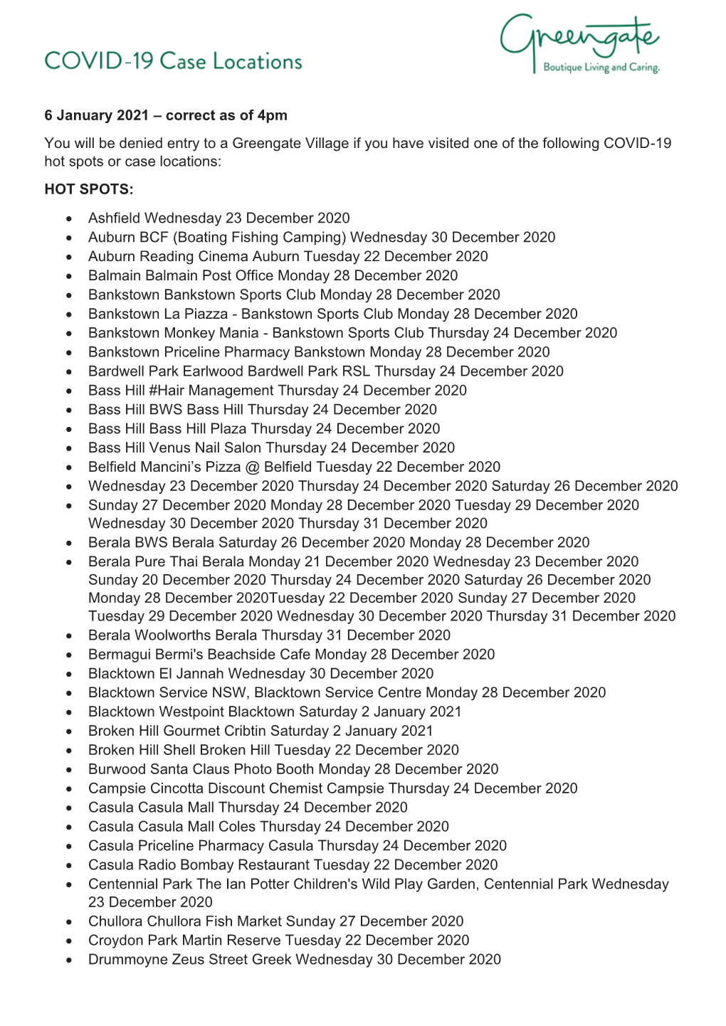 6 January 2021 – Correct As of 4Pm You Will Be Denied Entry to a Greengate Village If You Have Visited One of the Following CO