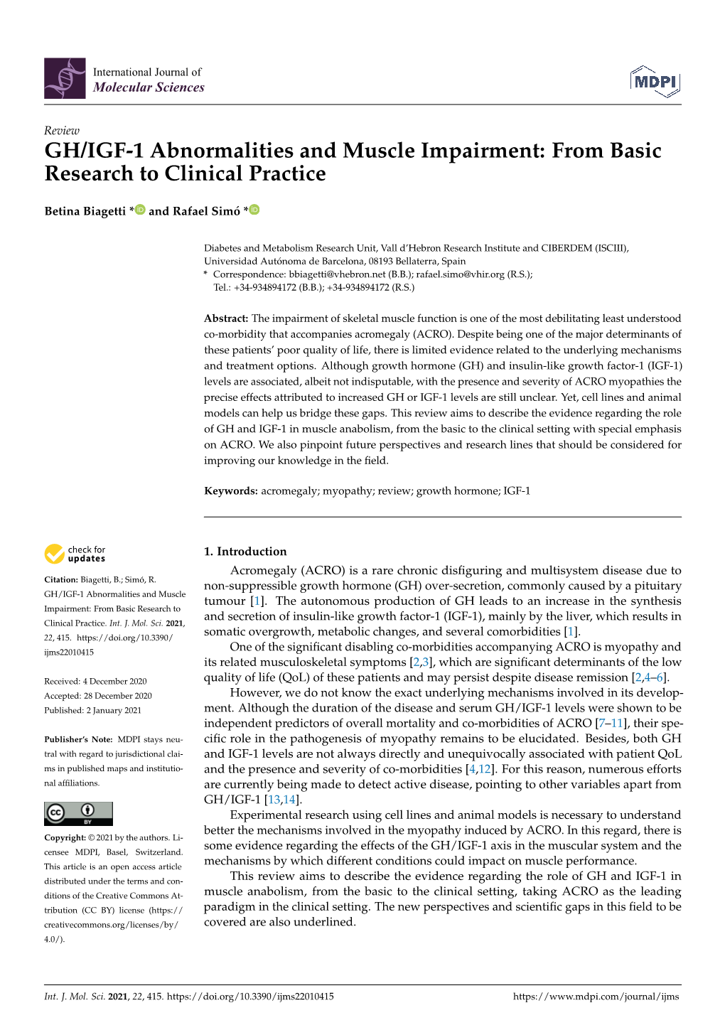 GH/IGF-1 Abnormalities and Muscle Impairment: from Basic Research to Clinical Practice