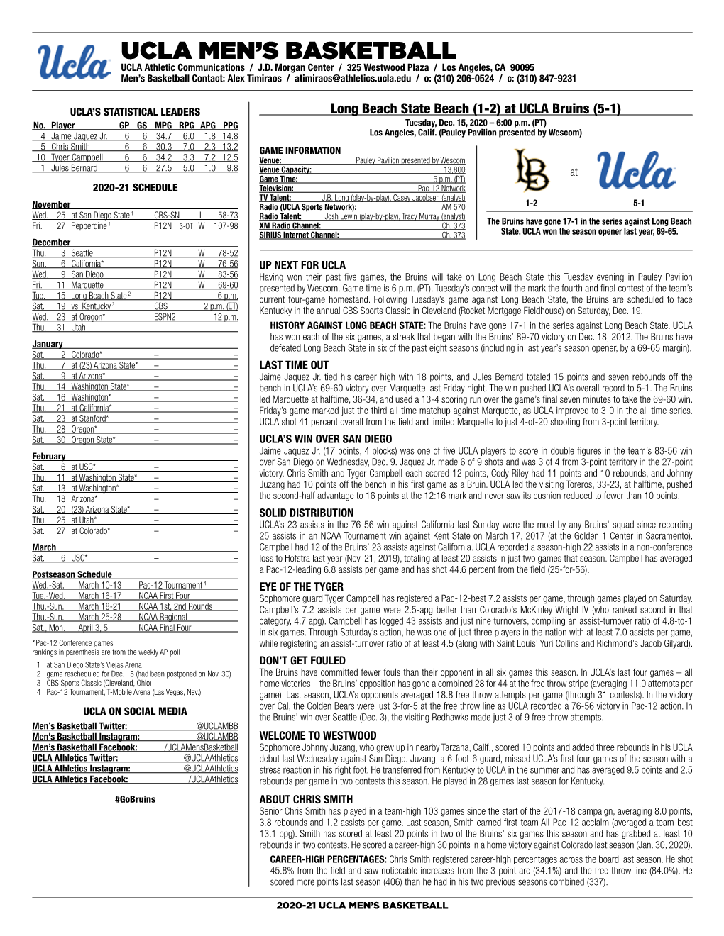 UCLA Men's Basketball UCLA’Sucla Season/Careerseason/CAREER Statistics (As of Dec 11, STATS 2020) 2020-21All Games ROSTER