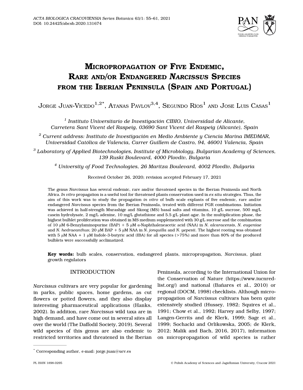 Micropropagation of Five Endemic, Rare And/Or Endangered Narcissus Species from the Iberian Peninsula (Spain and Portugal)