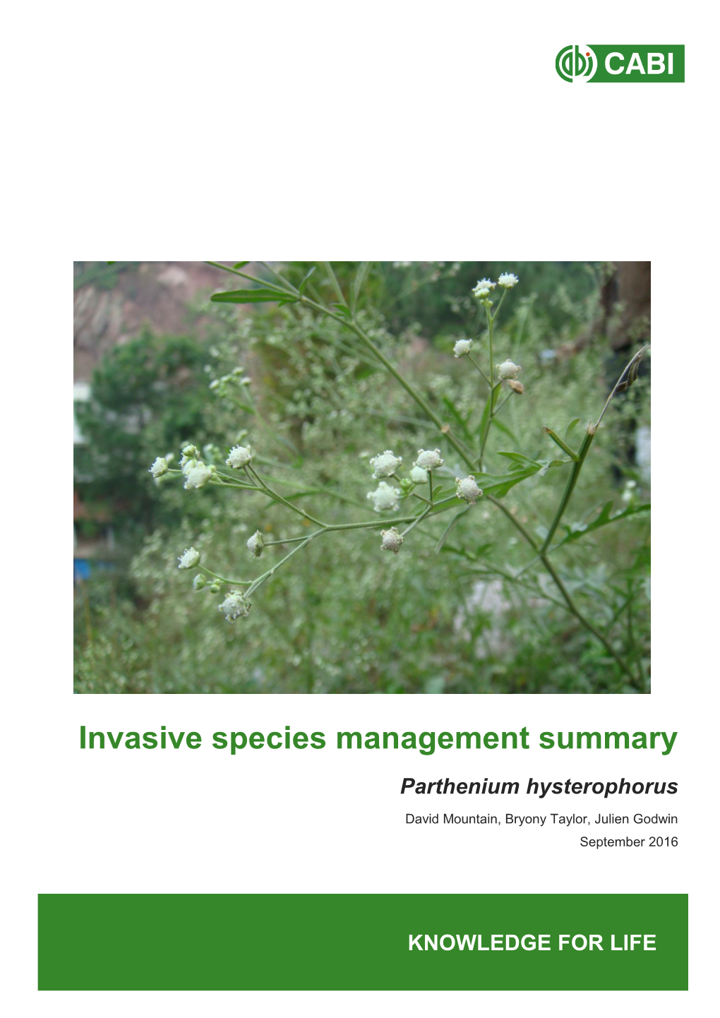 Invasive Species Management Summary Parthenium Hysterophorus