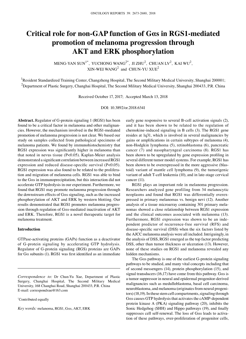 Critical Role for Non‑GAP Function of Gαs in RGS1‑Mediated Promotion of Melanoma Progression Through AKT and ERK Phosphorylation