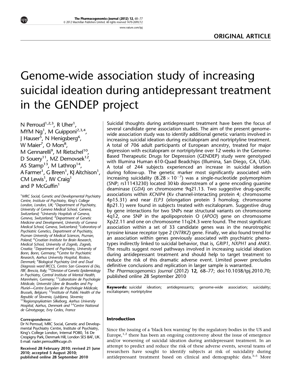Genome-Wide Association Study of Increasing Suicidal Ideation During Antidepressant Treatment in the GENDEP Project