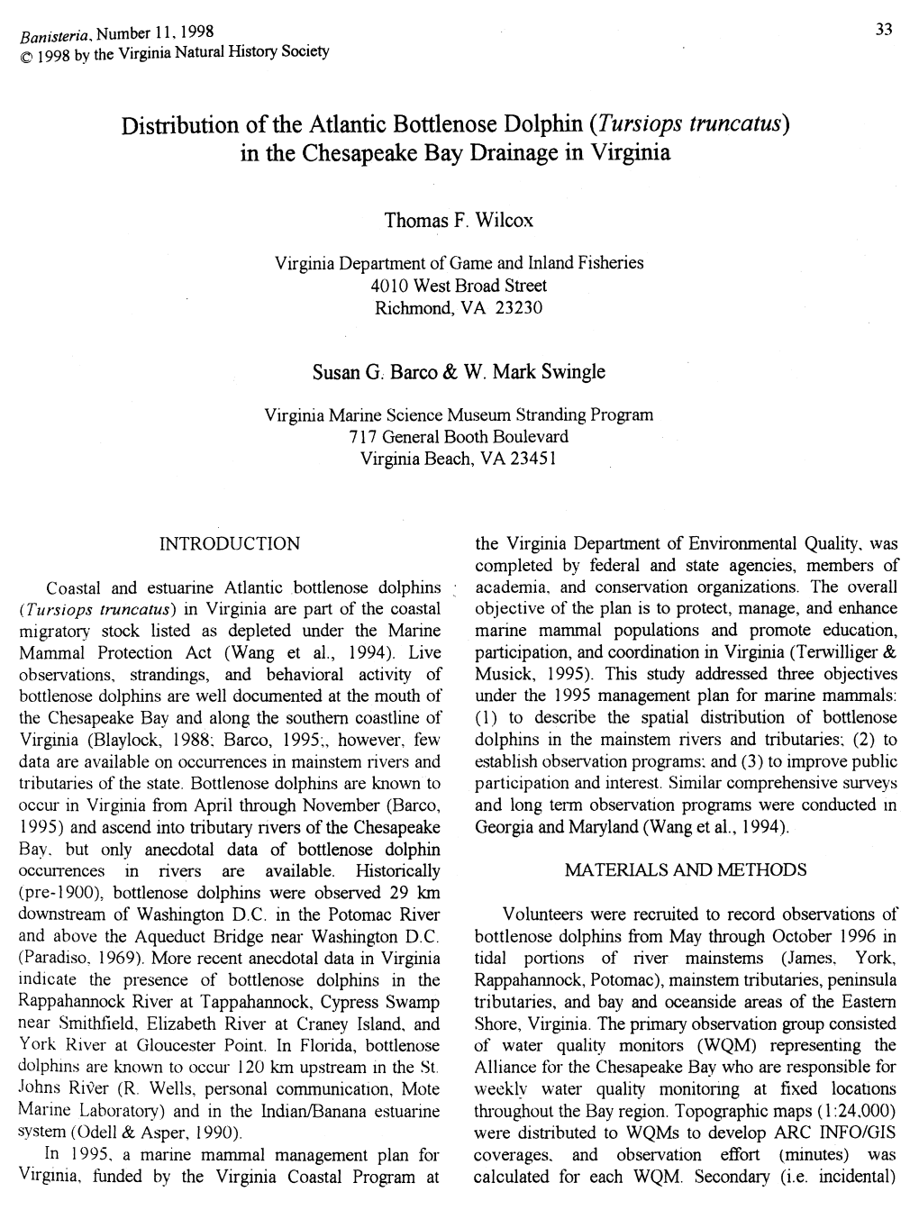 Distribution of the Atlantic Bottlenose Dolphin (Tursiops Truncatus) in the Chesapeake Bay Drainage in Virginia