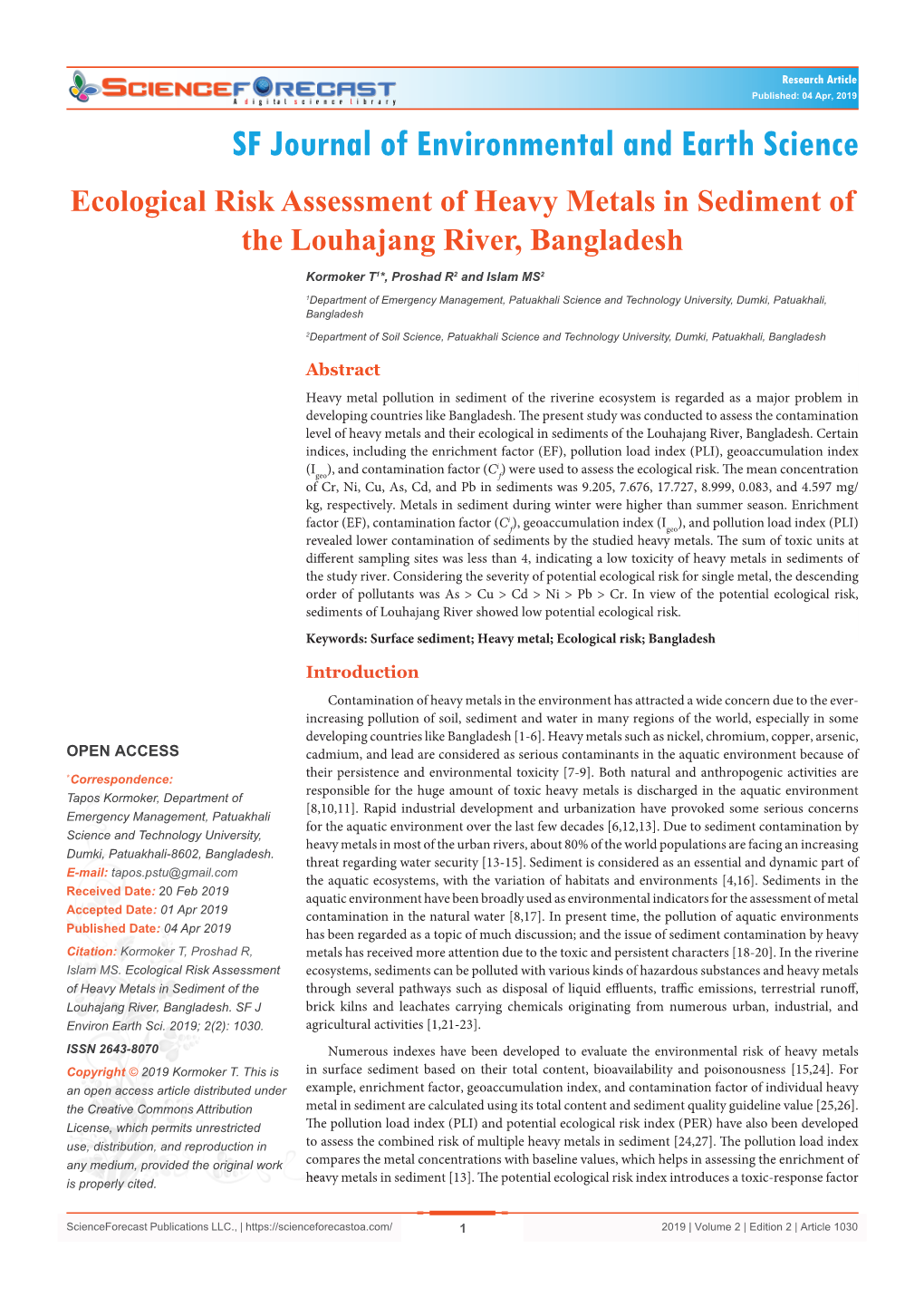 Ecological Risk Assessment of Heavy Metals in Sediment of the Louhajang River, Bangladesh