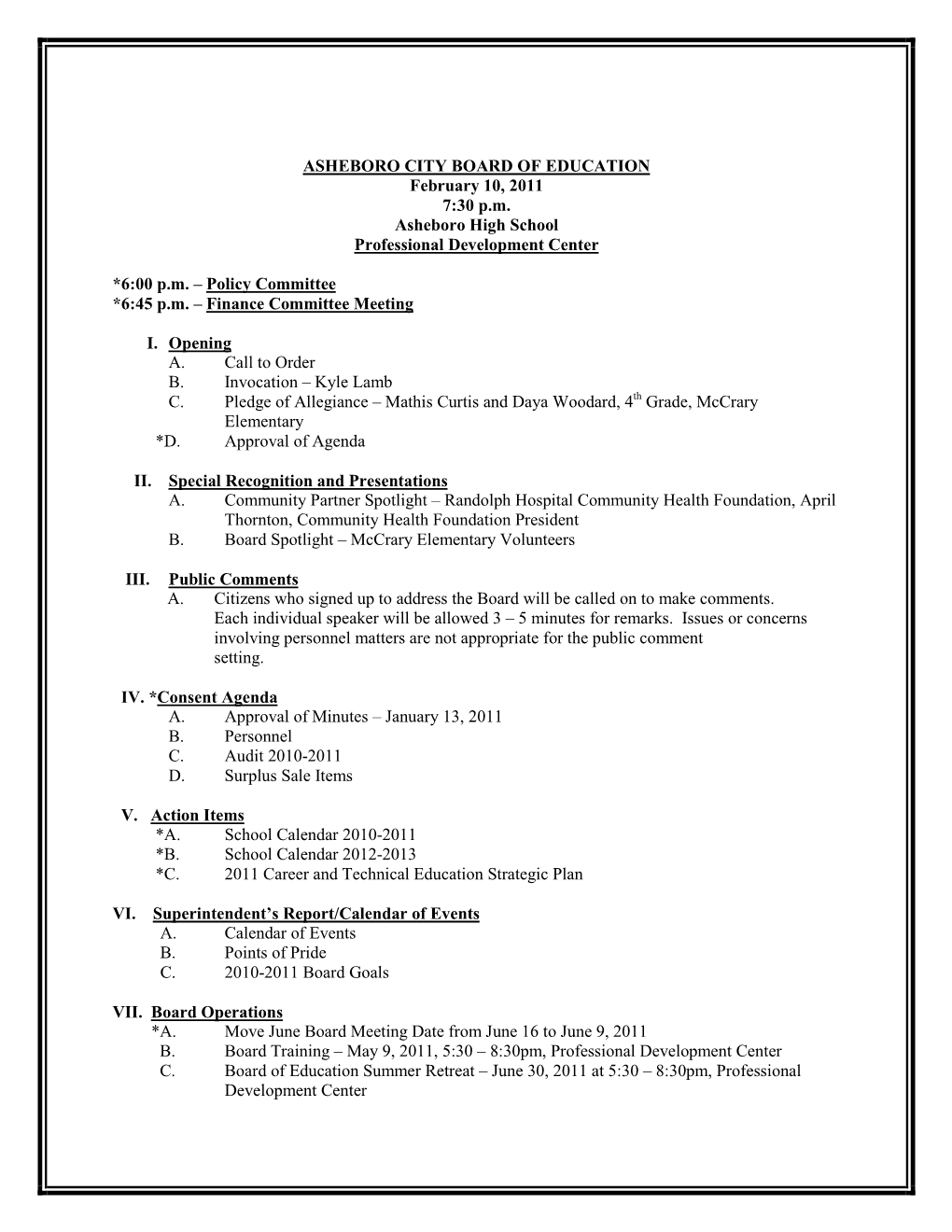 ASHEBORO CITY BOARD of EDUCATION February 10, 2011 7:30 P.M