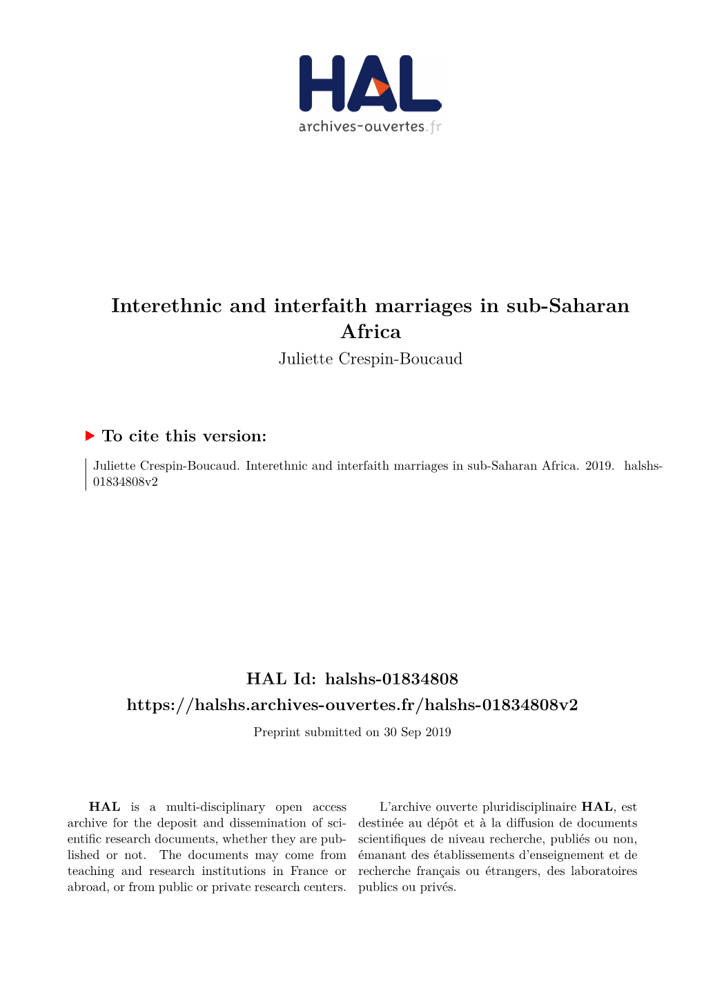 Interethnic and Interfaith Marriages in Sub-Saharan Africa Juliette Crespin-Boucaud