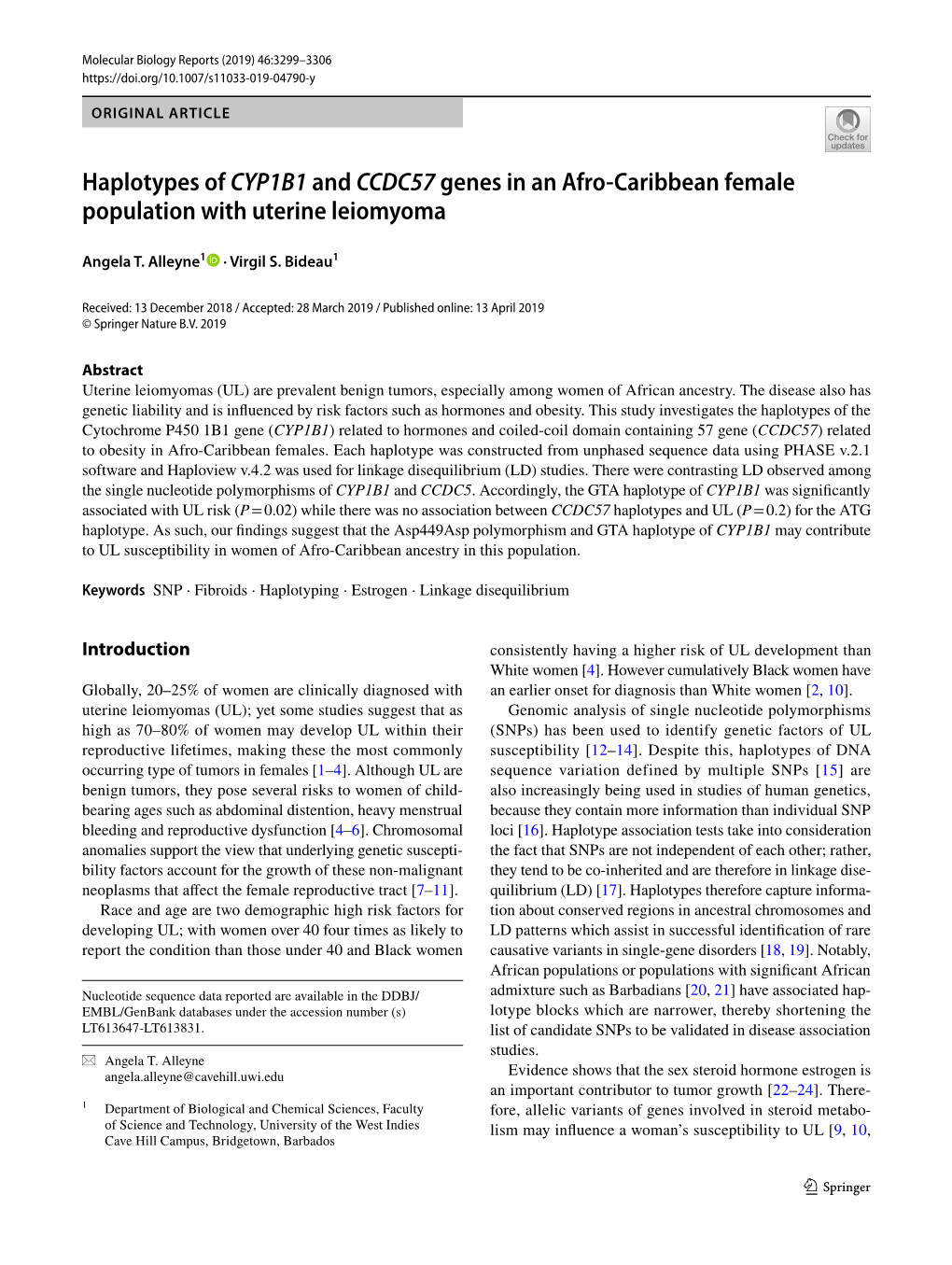 Haplotypes of CYP1B1 and CCDC57 Genes in an Afro-Caribbean Female