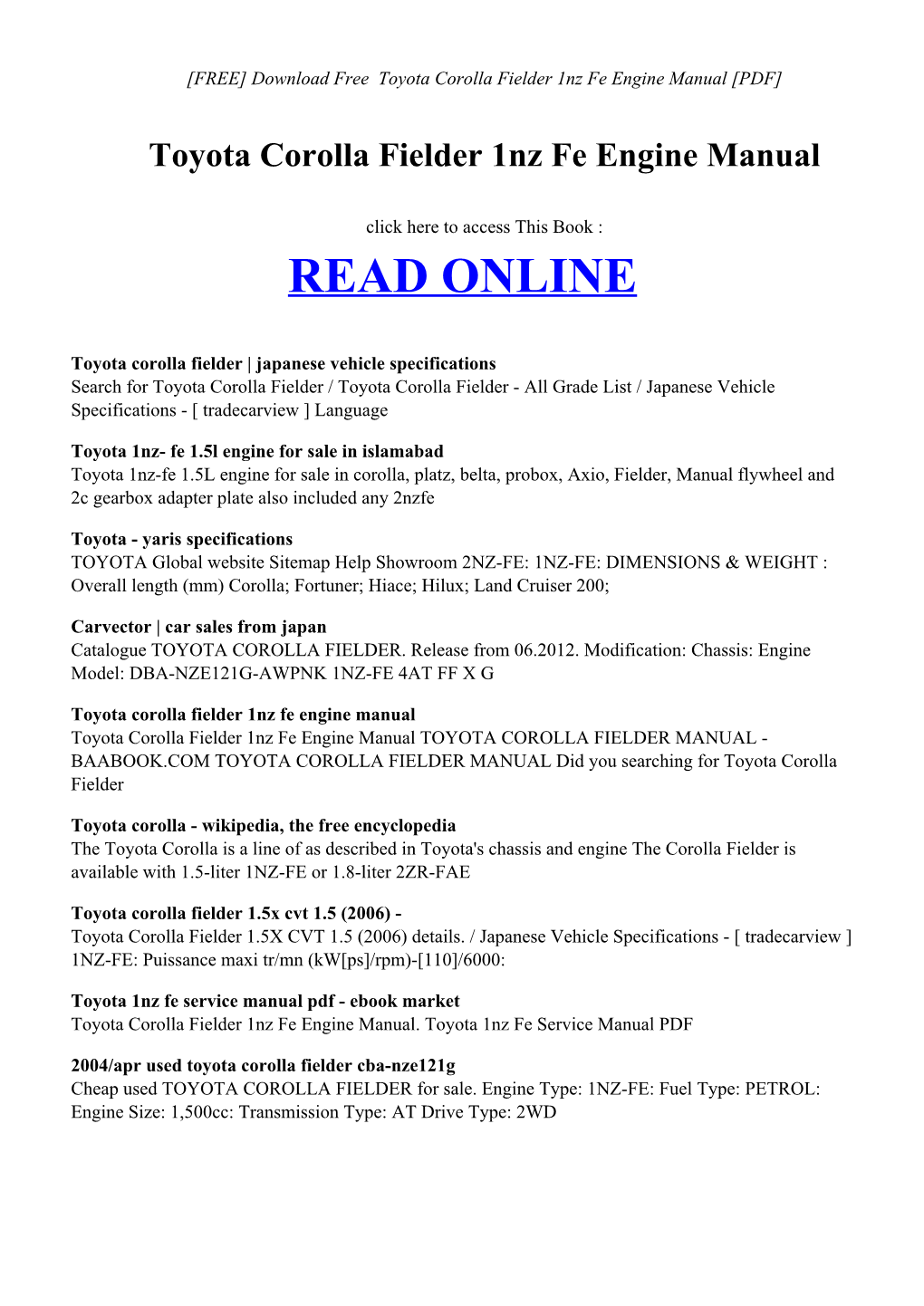 Toyota Corolla Fielder 1Nz Fe Engine Manual [PDF]